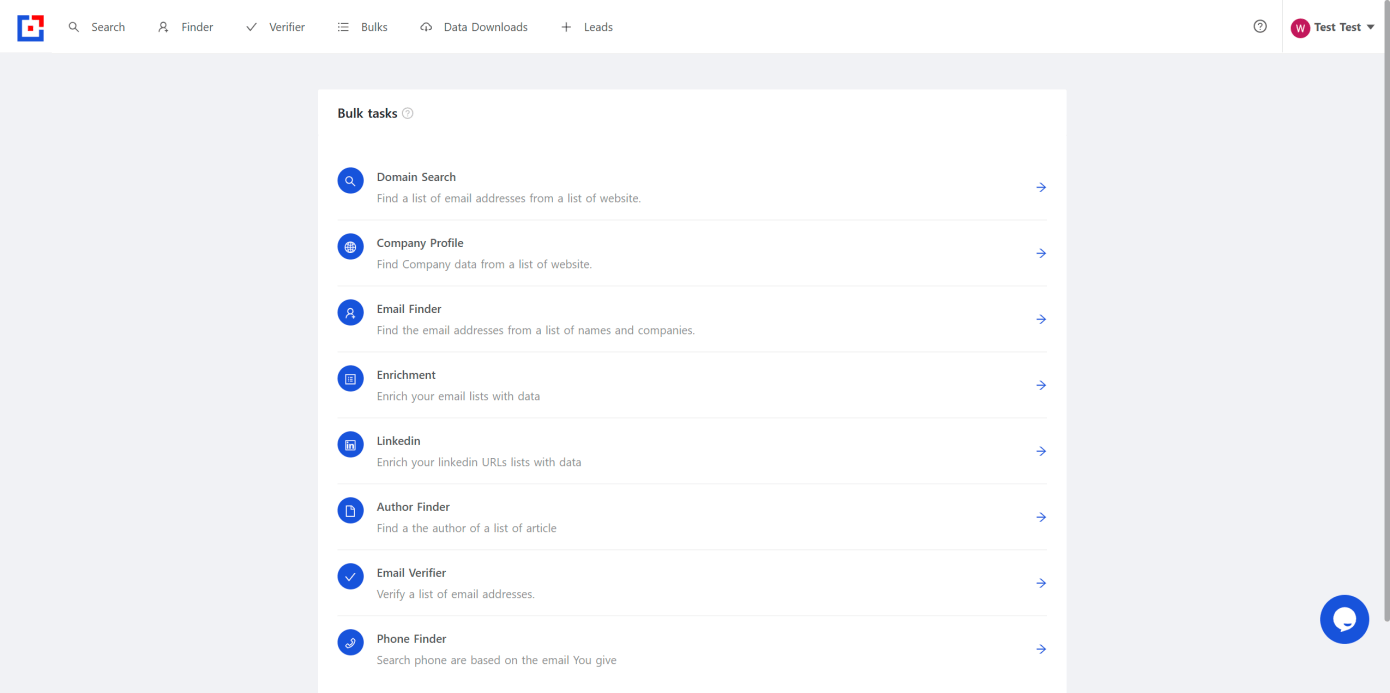 Tomba.io software dashboard showing bulk tasks like domain search, email finder, and data enrichment.