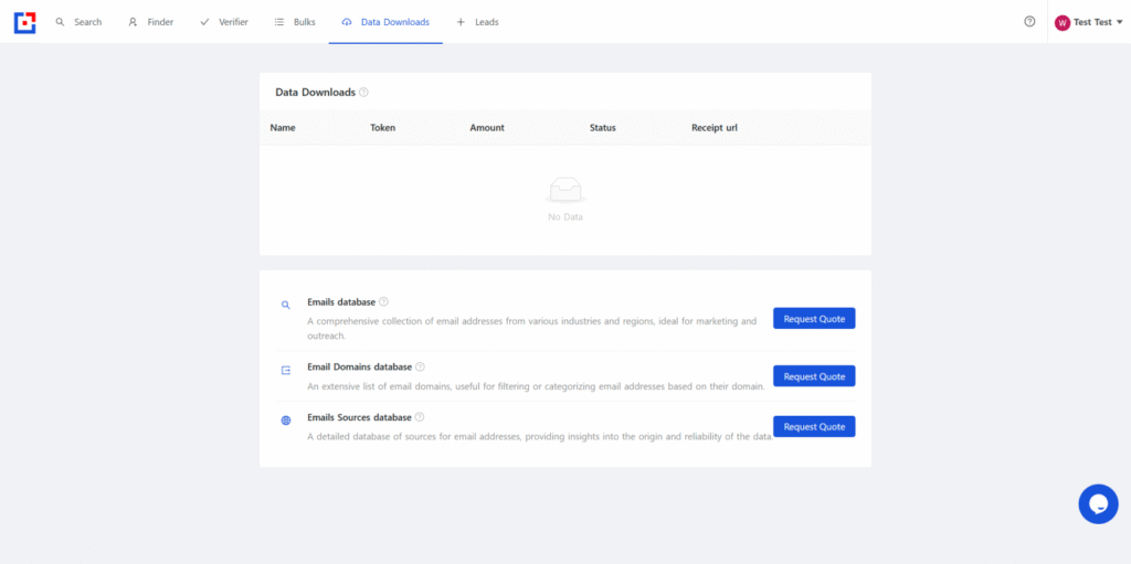 Tomba.io software dashboard showing data downloads.