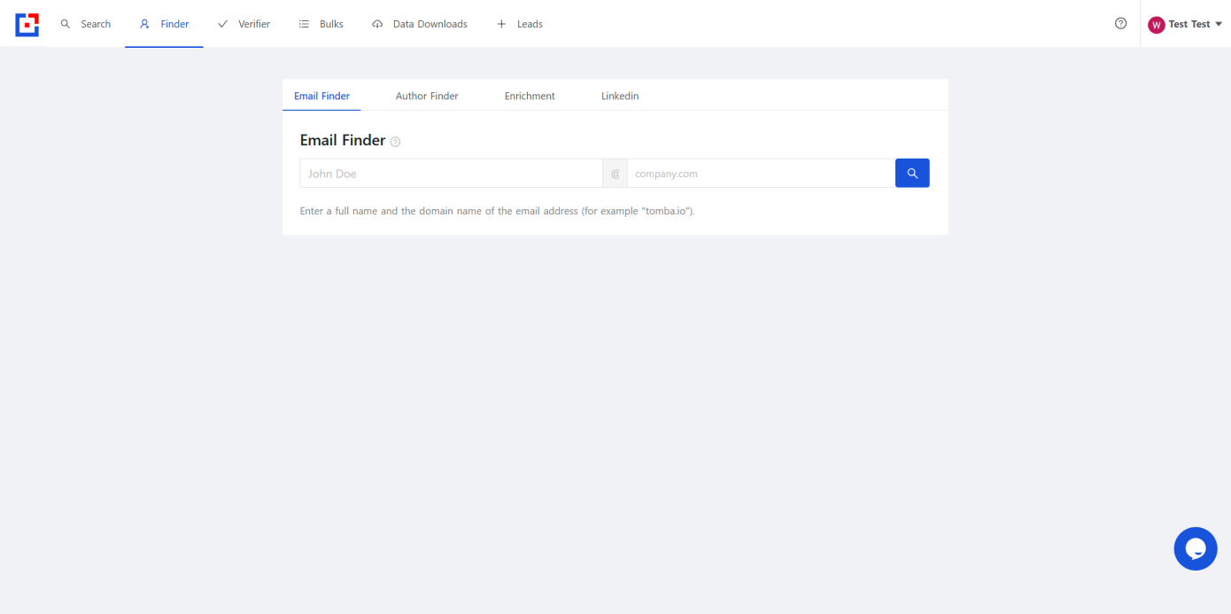 Tomba.io email finder interface: search bar with "John Doe" and "company.com" entered.