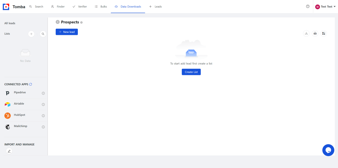 Tomba.io software dashboard showing empty prospects list; "Create List" button is visible.