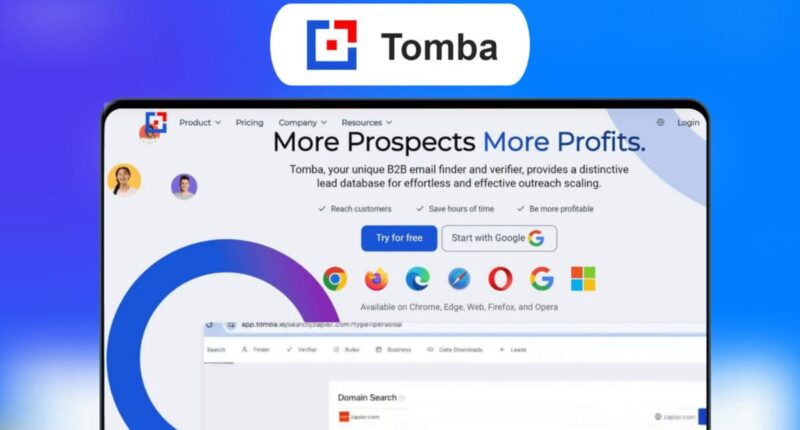 Tomba.io software interface showing email finder and verifier features. A Tomba.io review.