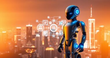 Futuristic robot against city skyline. Robomotion.io review.