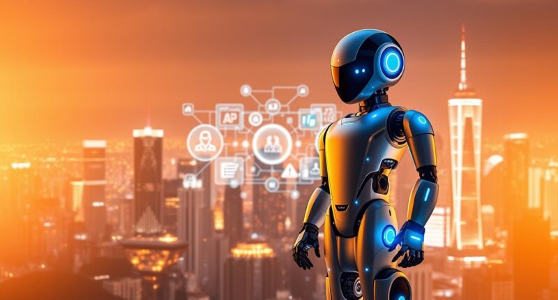 Futuristic robot against city skyline. Robomotion.io review.