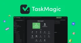 TaskMagic interface showing automation options for boosting productivity. Record, Apps, and various actions are displayed.