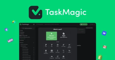 TaskMagic interface showing automation options for boosting productivity. Record, Apps, and various actions are displayed.