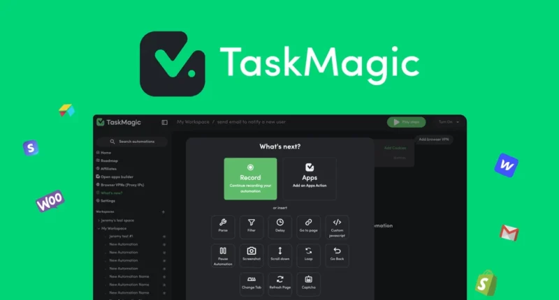 TaskMagic interface showing automation options for boosting productivity. Record, Apps, and various actions are displayed.