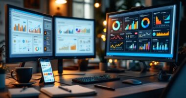Desk with two monitors displaying business analytics dashboards and a smartphone showing CRM data. Ideal for small business owners in India seeking the best CRM software.