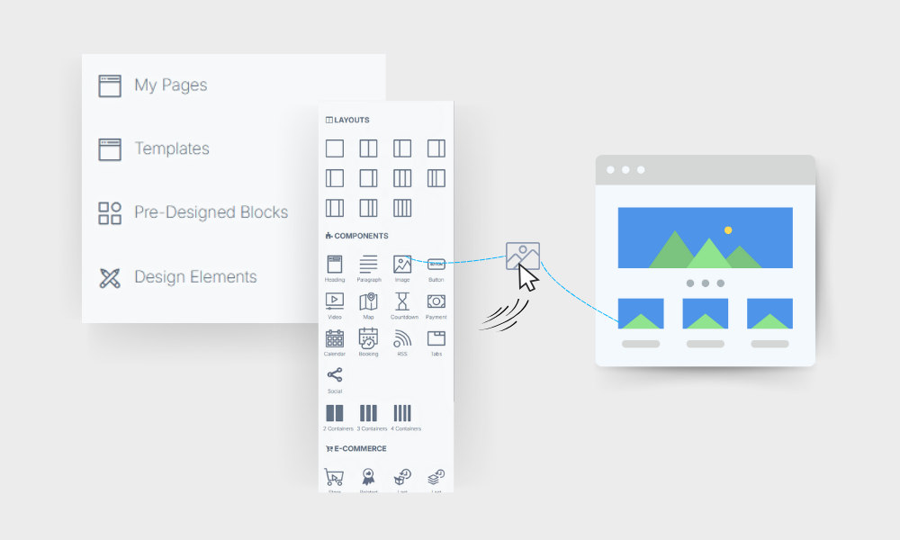 Vbout AI marketing platform interface screenshot showing page layouts, components, and design elements.