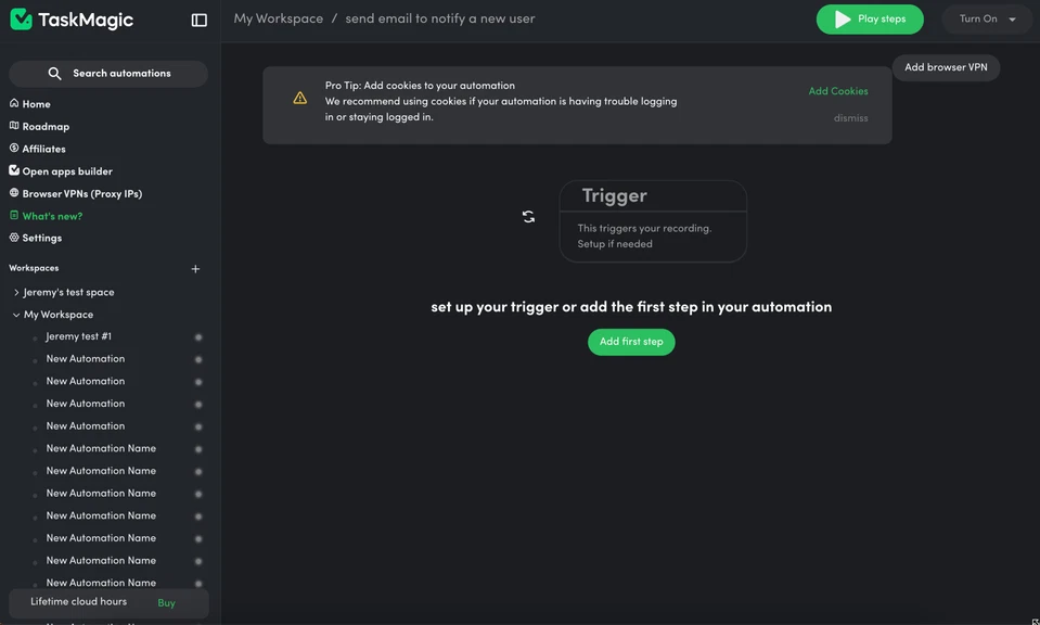 TaskMagic dashboard showing automation setup with trigger and steps. Boost productivity.
