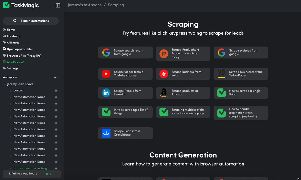 TaskMagic dashboard showing automation features for scraping and content generation.