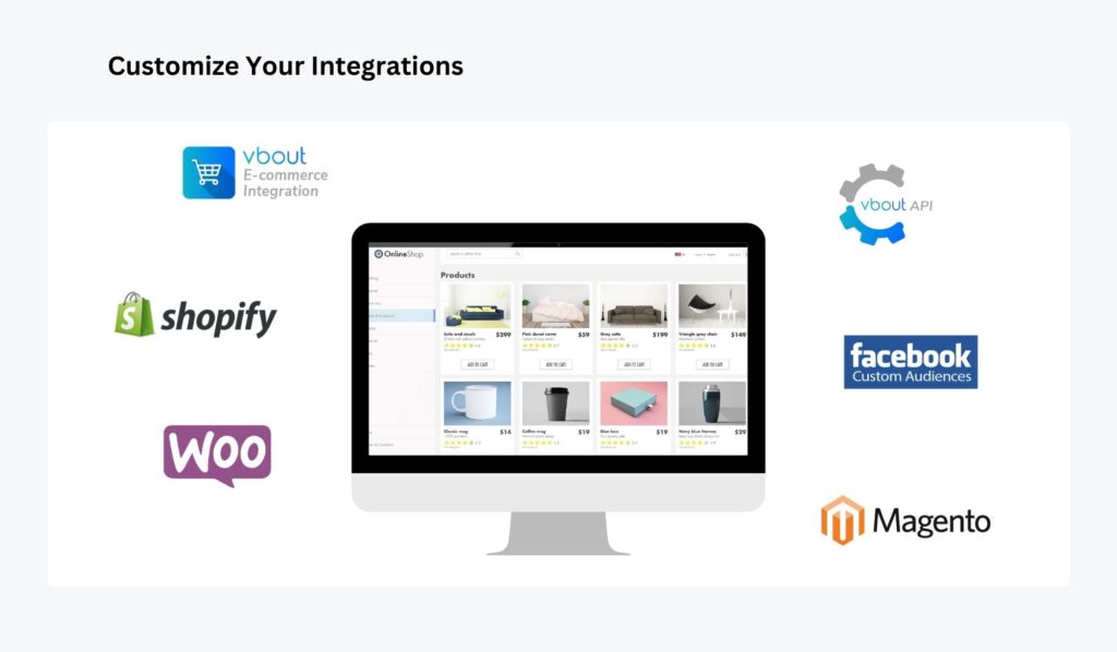 Vbout AI marketing platform integrations with Shopify, WooCommerce, and Magento.