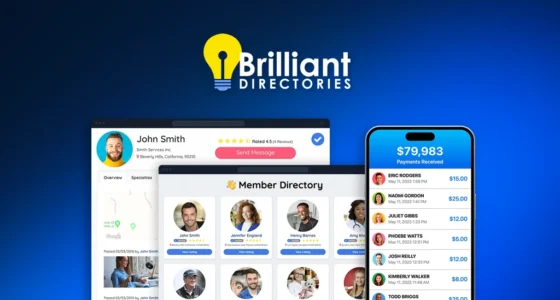Brilliant Directories software interface showing member directory, payments received, and user profiles.