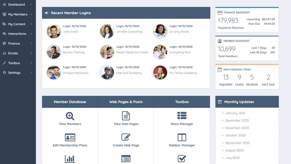 Dashboard of Brilliant Directories platform showing member logins, finance snapshot, and other key metrics.