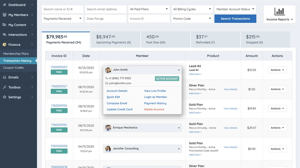 A determined individual reviews membership details at a cozy home office. Brilliant Directories dashboard showing transaction history, payments received, and member accounts.