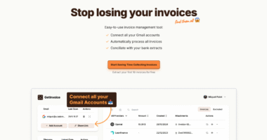 Tailride AI invoice automation dashboard showing connected Gmail accounts and processed invoices.