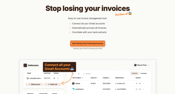 Tailride AI invoice automation dashboard showing connected Gmail accounts and processed invoices.