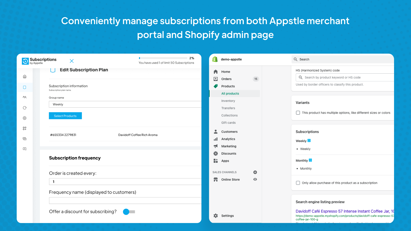 Appstle Subscriptions Shopify app interface showing subscription management features