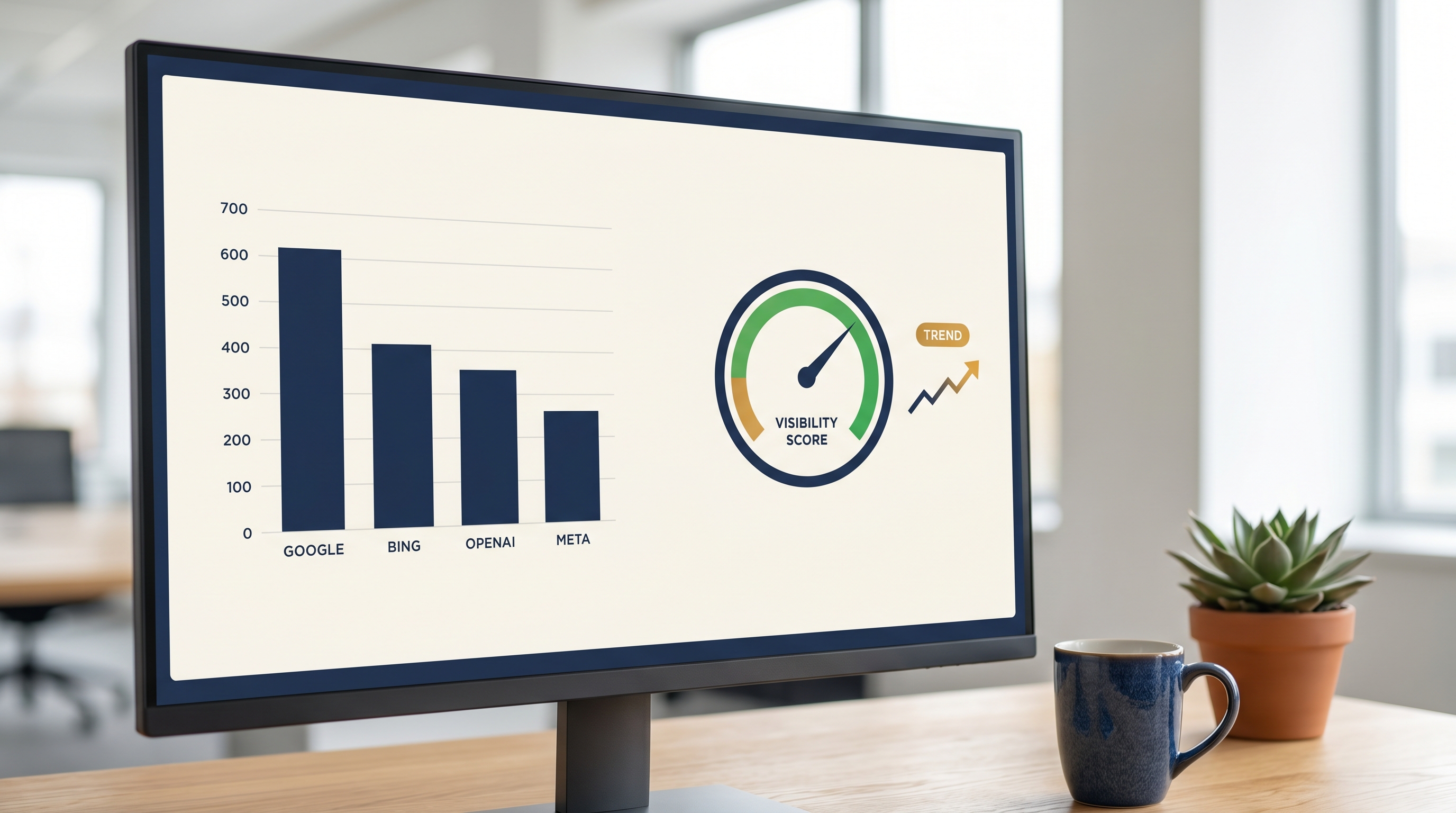 AI visibility dashboard showing a bar chart of brand mentions across Google, Bing, OpenAI and Meta, a visibility-score gauge, and an upward trend arrow