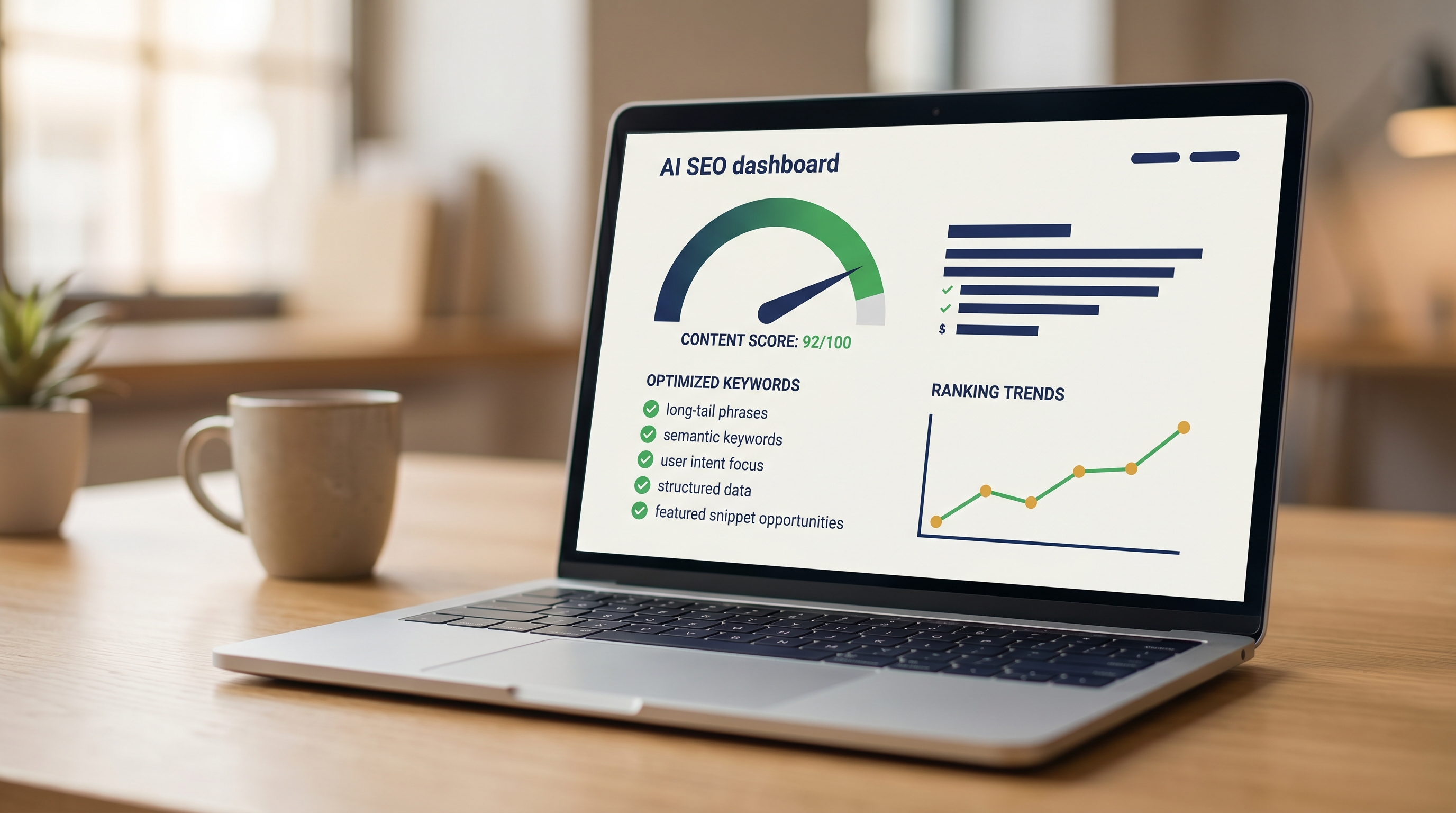 AI SEO content optimization dashboard showing a 92 out of 100 content score, an optimized-keyword checklist, and a rising ranking-trend graph