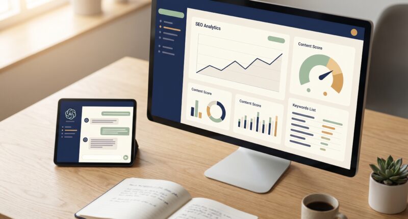 Best AI SEO tools for 2026 shown as a clean editorial desk scene with a monitor displaying SEO ranking charts, keyword data, and an AI content score dashboard