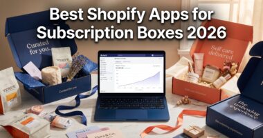 Best Shopify Apps for Subscription Boxes 2026 hero — curated navy and coral subscription boxes with branded packaging and Shopify recurring revenue dashboard