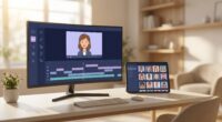 Best HeyGen alternatives for 2026 shown as a clean editorial scene of an AI video editor on a monitor with an on-screen presenter avatar, a tool sidebar, and a scene timeline