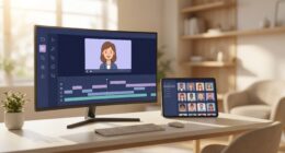 Best HeyGen alternatives for 2026 shown as a clean editorial scene of an AI video editor on a monitor with an on-screen presenter avatar, a tool sidebar, and a scene timeline