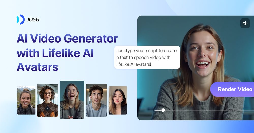 JoggAI AI video generator showing lifelike AI avatars and a render video interface