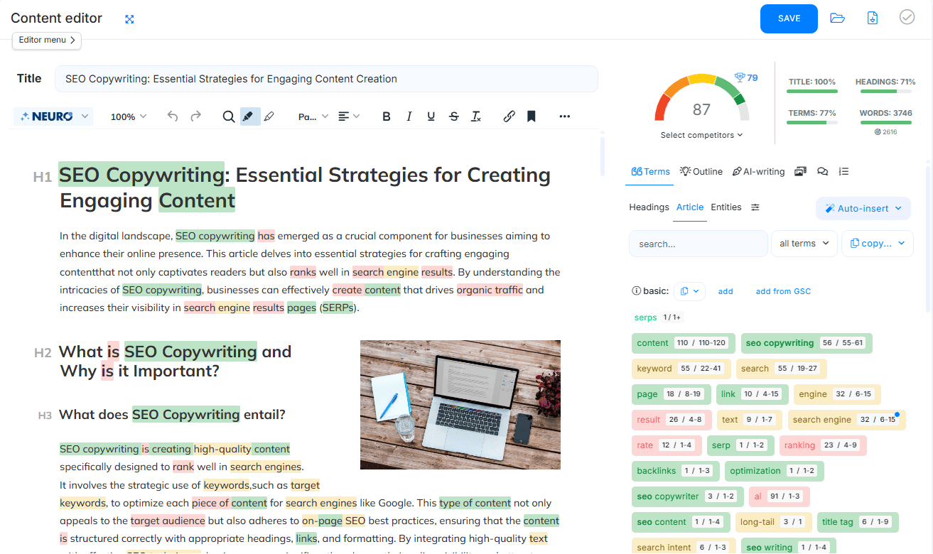 NeuronWriter content editor with content score 87 and SERP-derived NLP term recommendations