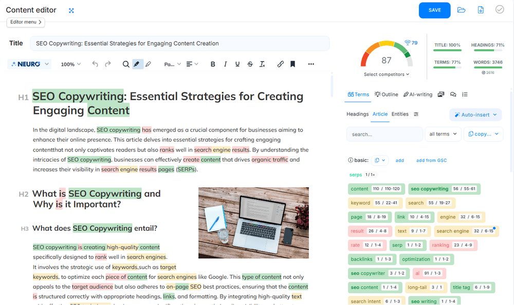 NeuronWriter content editor showing the SEO content score gauge and recommended terms panel