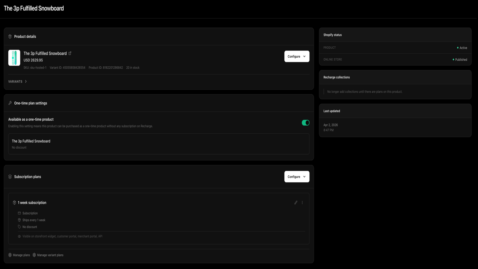Recharge admin dashboard showing product subscription plan configuration with Shopify status sidebar