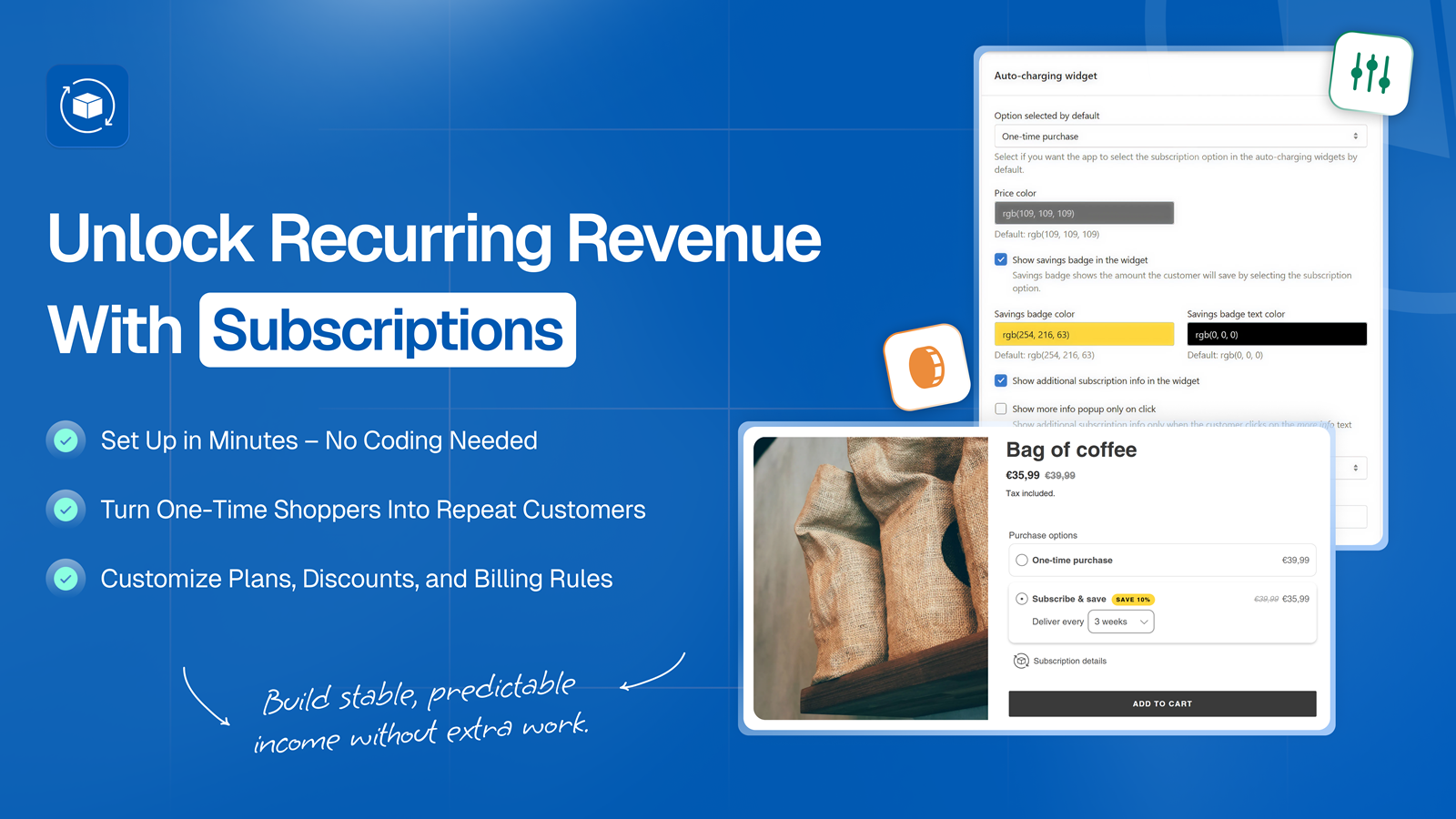 Seal Subscriptions setup features alongside coffee bag subscription product configuration UI