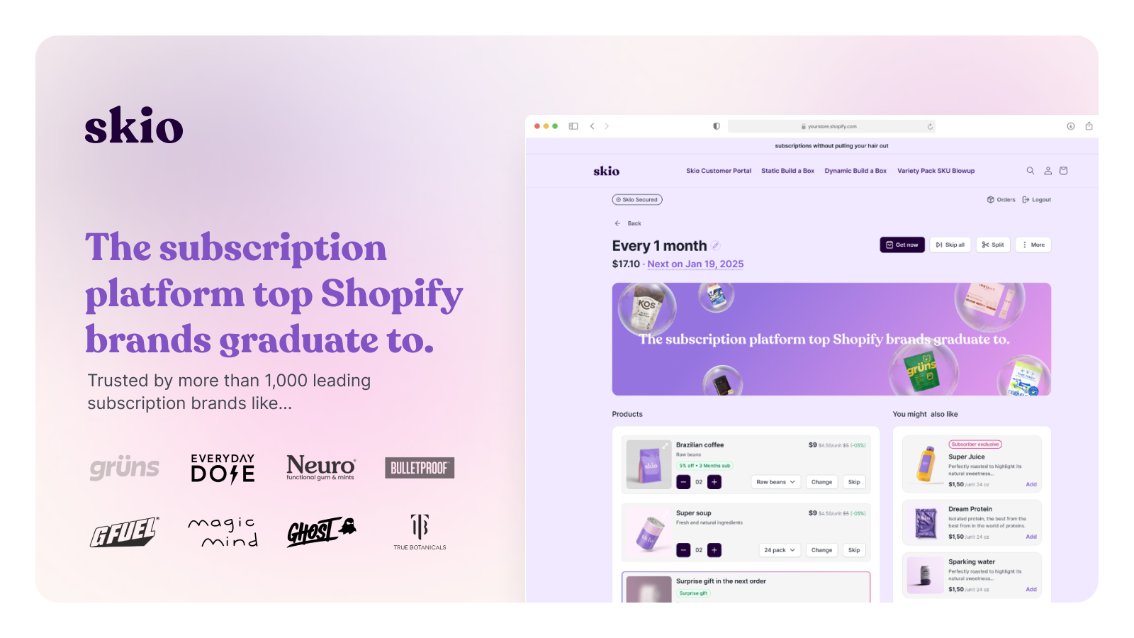 Skio subscription platform showing customer portal UI and brands using it including Magic Mind and Liquid Death