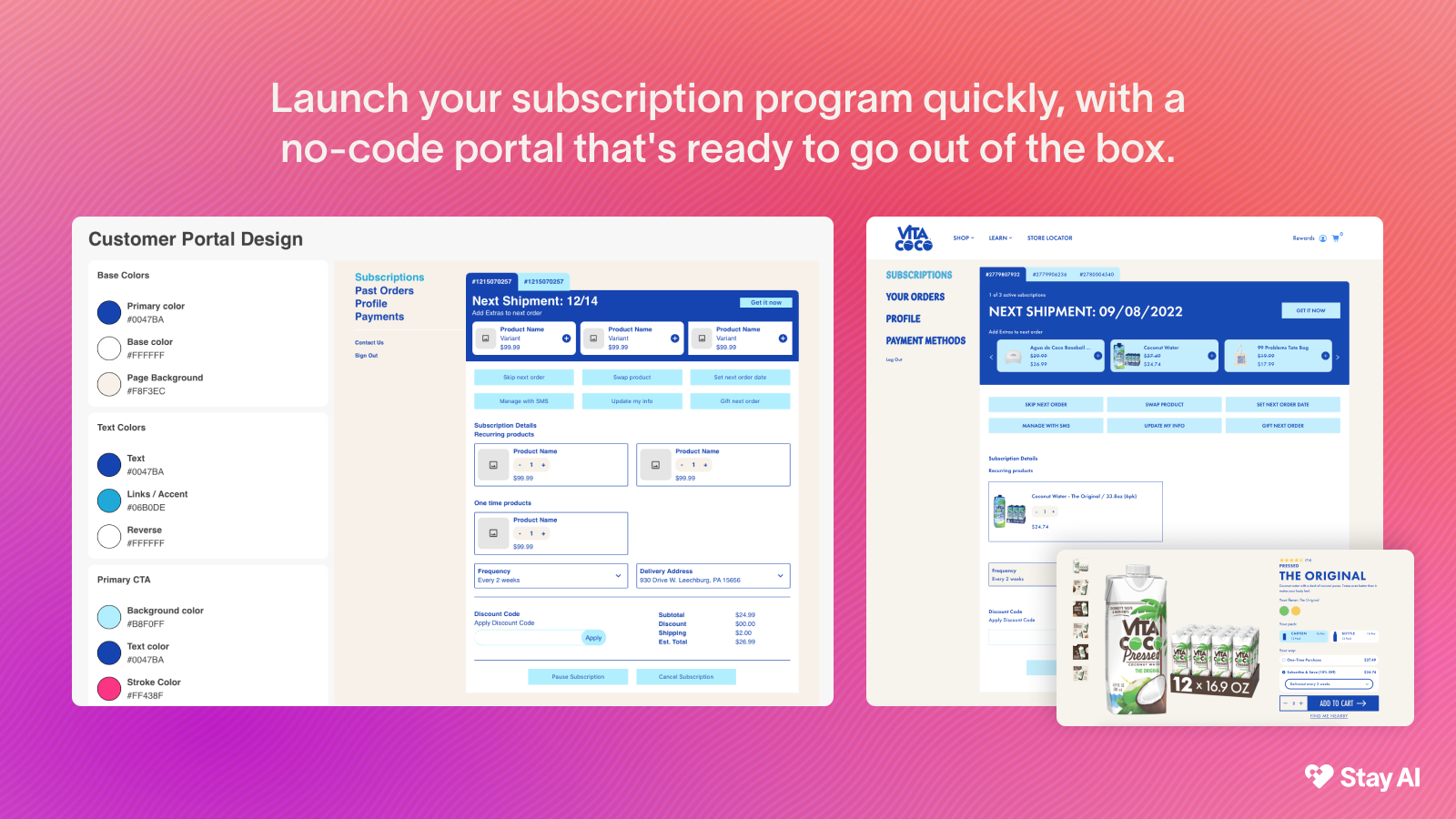 Stay AI customer portal designer with no-code subscription portal setup, dashboard and next shipment view