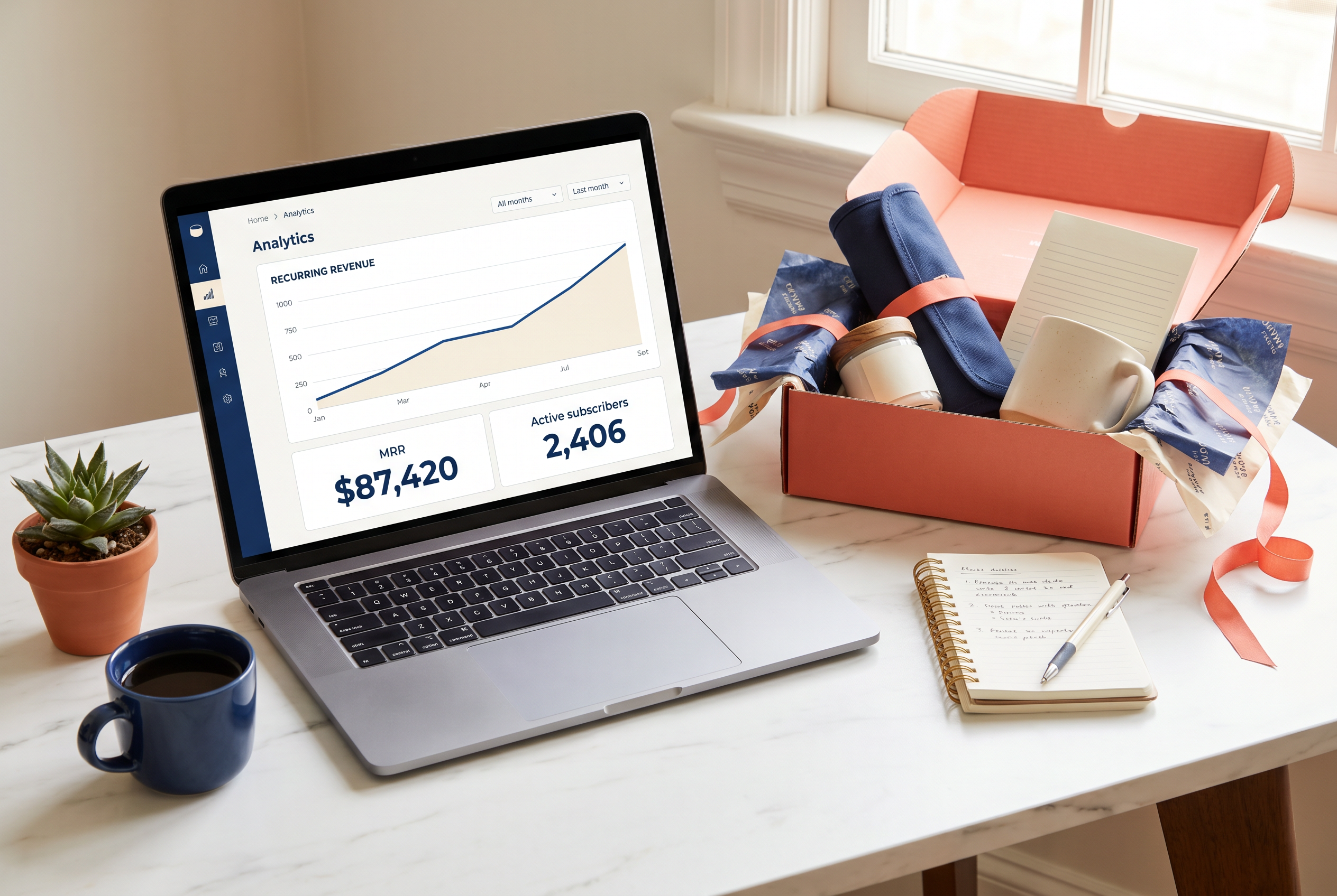 editorial illustration showing a split-screen comparison dashboard: left side displays six Shopify subscription app logos