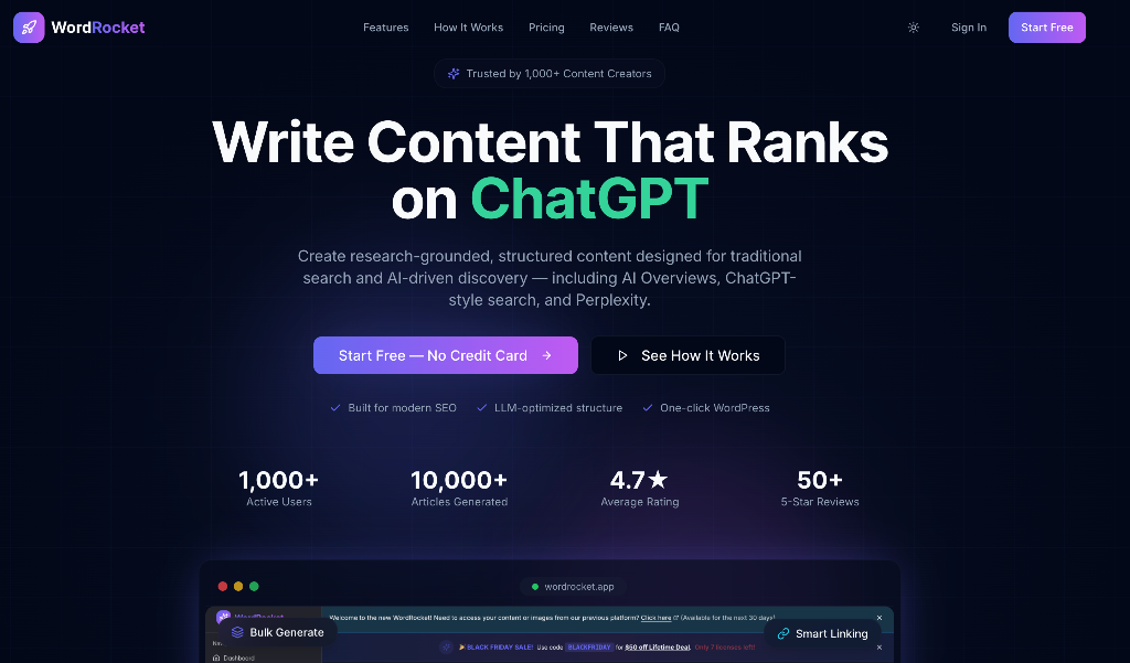 WordRocket AI content generator dashboard showing bulk article generation and SEO optimization