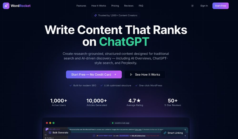 WordRocket homepage showing its AI content generator built to rank on ChatGPT and AI Overviews